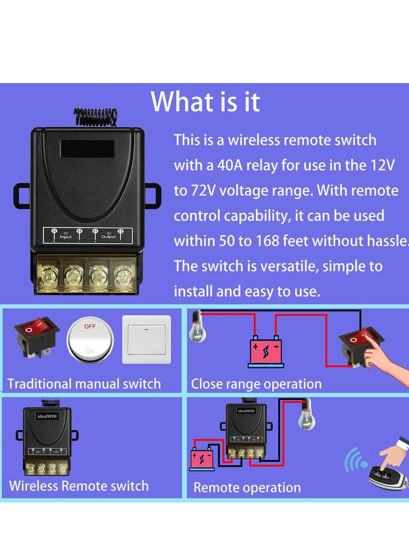 Wireless Relay Remote Switch, 328 ft Long Range, DC 12V/24V/48V/72V 40A Relay Switch, for All Kinds of DC Motors, Industrial Control, Luminaire Controll - Image 4