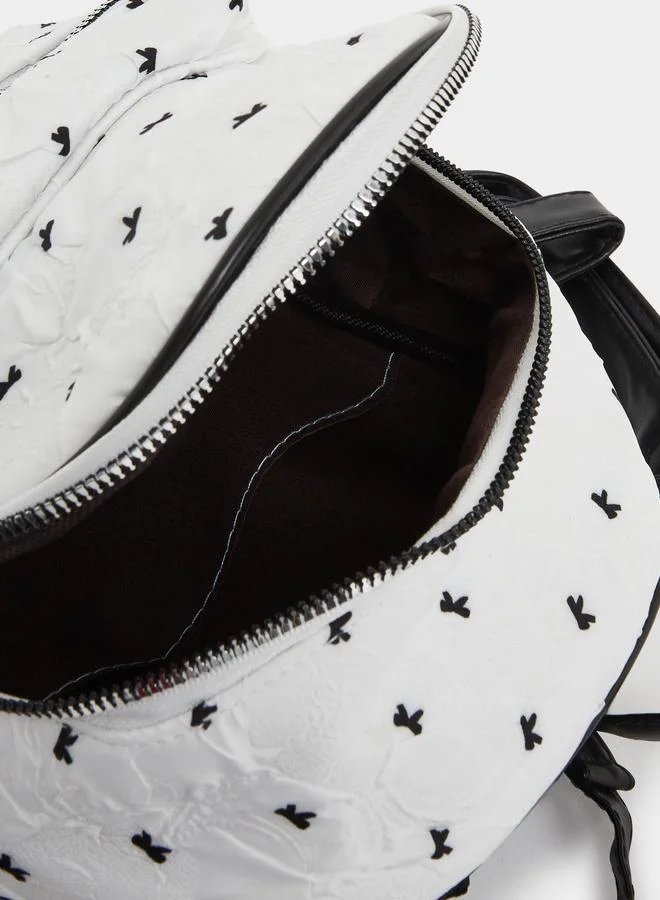 Styli Styli White Bow Printed Mini Backpack with Zip Closure