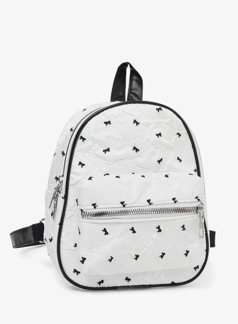 Styli Styli White Bow Printed Mini Backpack with Zip Closure