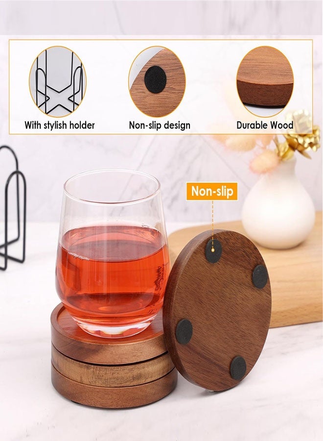 4 قطع من الوقايات الخشبية مع حامل، وقايات للطاولة الصغيرة، مجموعة وقايات مقاومة للانزلاق ومقاومة للحرارة وممتصة للسوائل لحماية الطاولة،  وقايات خشبية للمشروبات للمنزل والمزرعة والمكتب والفناء - Image 2