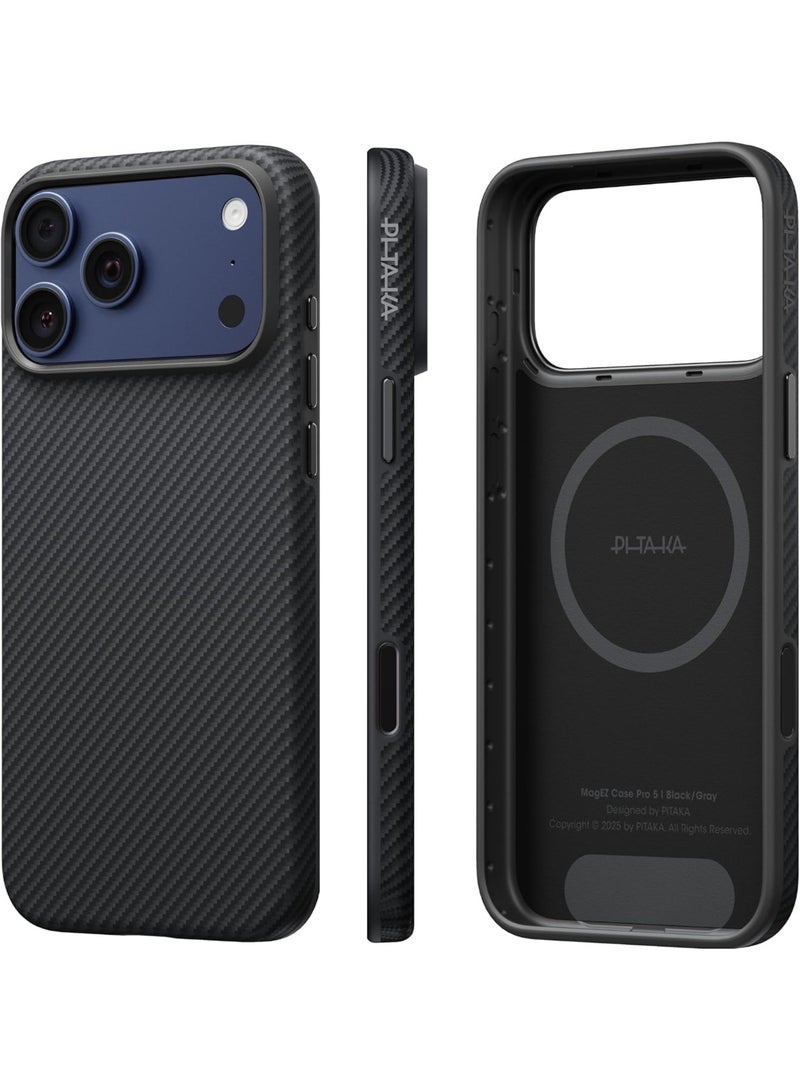 PITAKA حافظة حماية PITAKA لجهاز iPhone 17 Pro Max، Ultra Guard، مضادة للصدمات، تغطية كاملة، متوافقة مع MagSafe، متينة، من ألياف الأراميد، تمتص الصدمات، شحن لاسلكي، للأعمال، أنيقة (أسود/رمادي 600D، 6.9) - Image 1