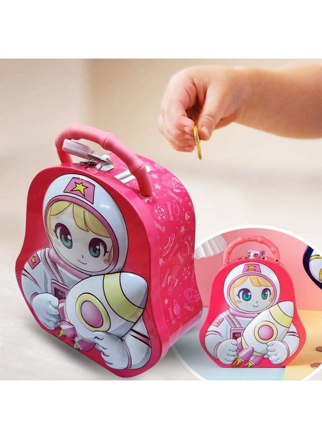 فنبلاست حصالة نقود للأطفال من فن بلاست - صندوق عملات معدنية بتصميم فضائي، حصالة نقود معدنية مزودة بقفل ومفتاح، صندوق عملات معدنية للأطفال، حصالة نقود، صندوق عملات معدنية للبنات، هدية عيد ميلاد للأولاد والبنات (وردي) - Image 3