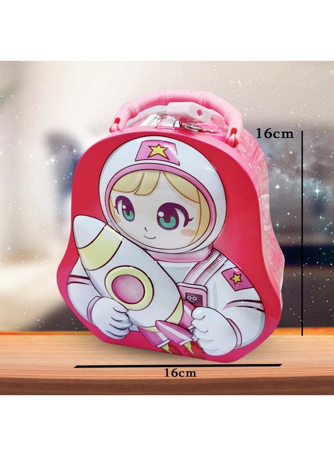 فنبلاست حصالة نقود للأطفال من فن بلاست - صندوق عملات معدنية بتصميم فضائي، حصالة نقود معدنية مزودة بقفل ومفتاح، صندوق عملات معدنية للأطفال، حصالة نقود، صندوق عملات معدنية للبنات، هدية عيد ميلاد للأولاد والبنات (وردي) - Image 2