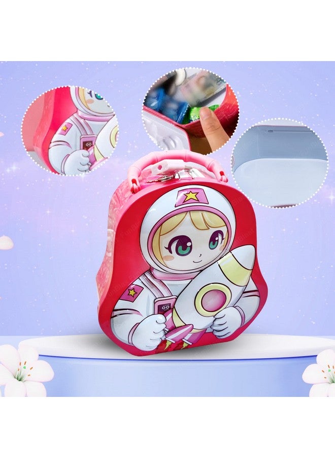 فنبلاست حصالة نقود للأطفال من فن بلاست - صندوق عملات معدنية بتصميم فضائي، حصالة نقود معدنية مزودة بقفل ومفتاح، صندوق عملات معدنية للأطفال، حصالة نقود، صندوق عملات معدنية للبنات، هدية عيد ميلاد للأولاد والبنات (وردي) - Image 4