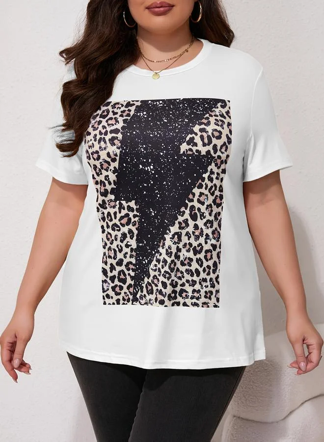 Take Two Plus Size White Short Sleeve Leopard Print Bolt T-Shirt