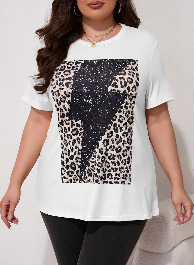 Take Two Plus Size White Short Sleeve Leopard Print Bolt T-Shirt - Image 1