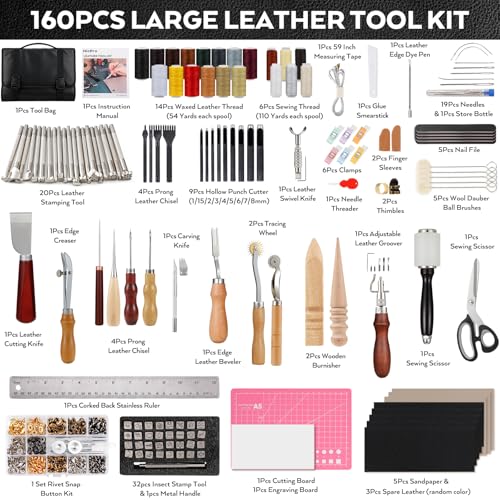 Nicpro 160PCS Upgrade Leather Tooling Kit Leather Working Tools Kit with Storage Handbag Professional Leather Making Craft Tools Kit for Stamping Sewing Carving Cutting Punching Leather Working - Image 3