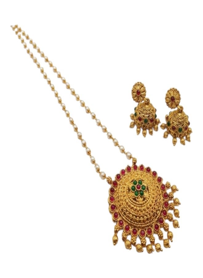 طقم عقد لؤلؤ تقليدي مطلي بالذهب من AAIKU بطول 30 بوصة | قلادة بلمسة نهائية عتيقة غير لامعة وأقراط زومكي متناسقة للنساء والفتيات، مجوهرات أنيقة - Image 1