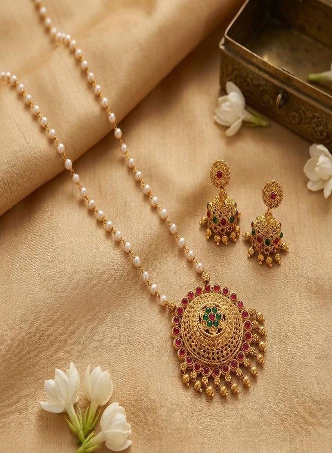 طقم عقد لؤلؤ تقليدي مطلي بالذهب من AAIKU بطول 30 بوصة | قلادة بلمسة نهائية عتيقة غير لامعة وأقراط زومكي متناسقة للنساء والفتيات، مجوهرات أنيقة - Image 4