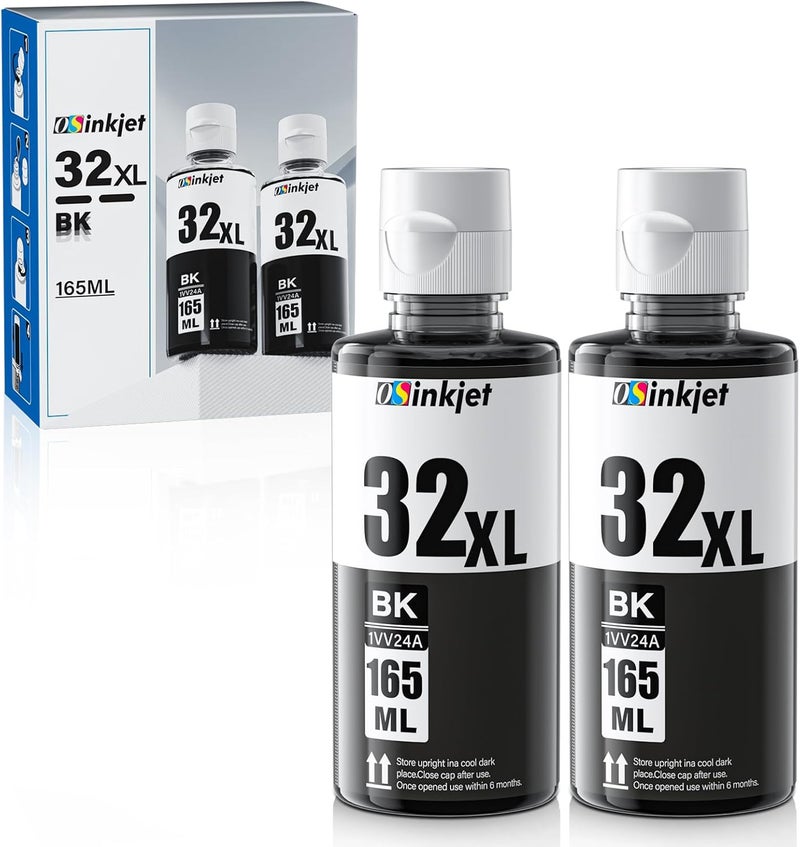 زجاجة حبر أسود 32XL متوافقة مع طابعات HP Smart Tank 7602 5101 6001 7301 651 551 5000 580، مجموعة زجاجات حبر 32 XL لـ Smart Tank Plus 570 578 590، عبوة إعادة تعبئة حبر مكونة من قطعتين سعة 165 مل، 1VV24AN - Image 1