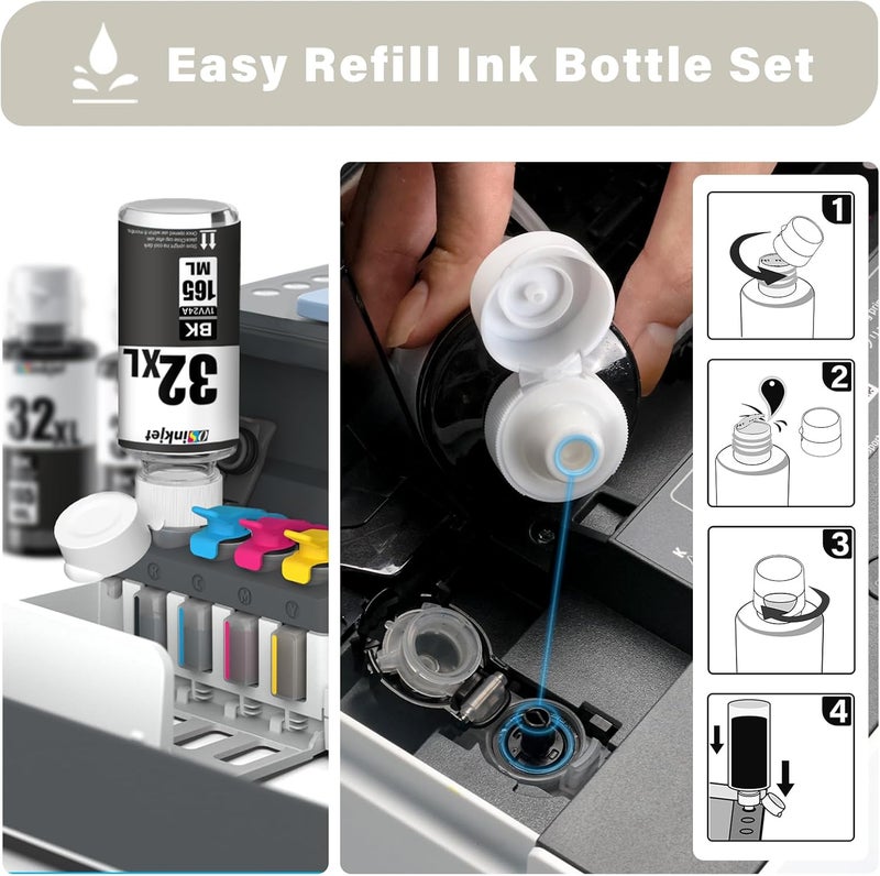 زجاجة حبر أسود 32XL متوافقة مع طابعات HP Smart Tank 7602 5101 6001 7301 651 551 5000 580، مجموعة زجاجات حبر 32 XL لـ Smart Tank Plus 570 578 590، عبوة إعادة تعبئة حبر مكونة من قطعتين سعة 165 مل، 1VV24AN - Image 4