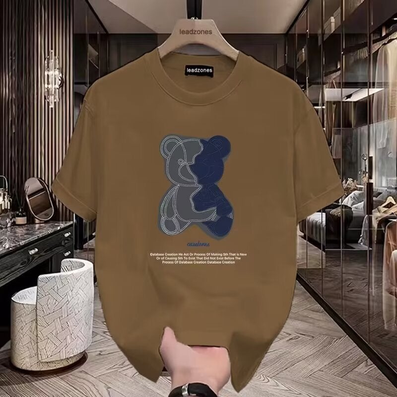 Trendy Brand Internet Celebrity Bear Printed Short-Sleeved T-Shirt Men'S Summer Handsome Round Neck Loose Half-Sleeved Top - Image 1