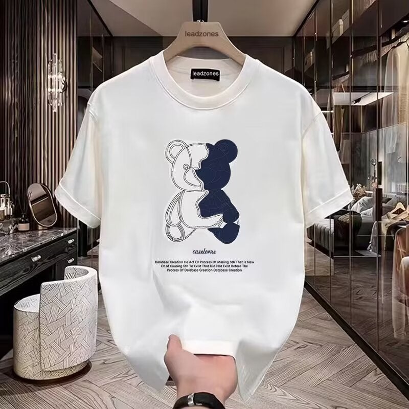Trendy Brand Internet Celebrity Bear Printed Short-Sleeved T-Shirt Men'S Summer Handsome Round Neck Loose Half-Sleeved Top - Image 3