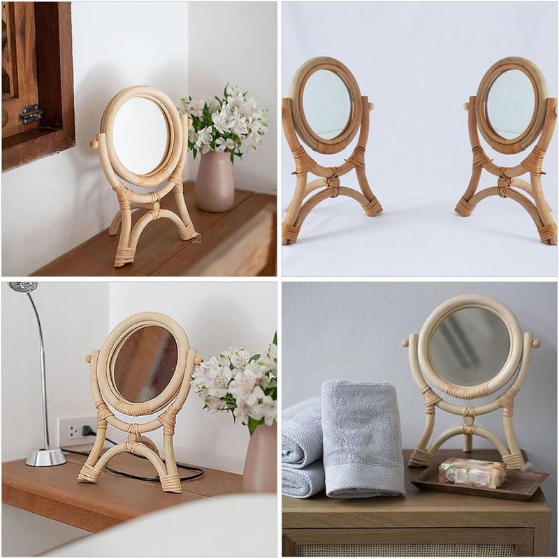 Uonlytech Rattan Makeup Mirror Tabletop Vanity Mirror Round Tripod Stand for Bedroom Desk Use - Image 3