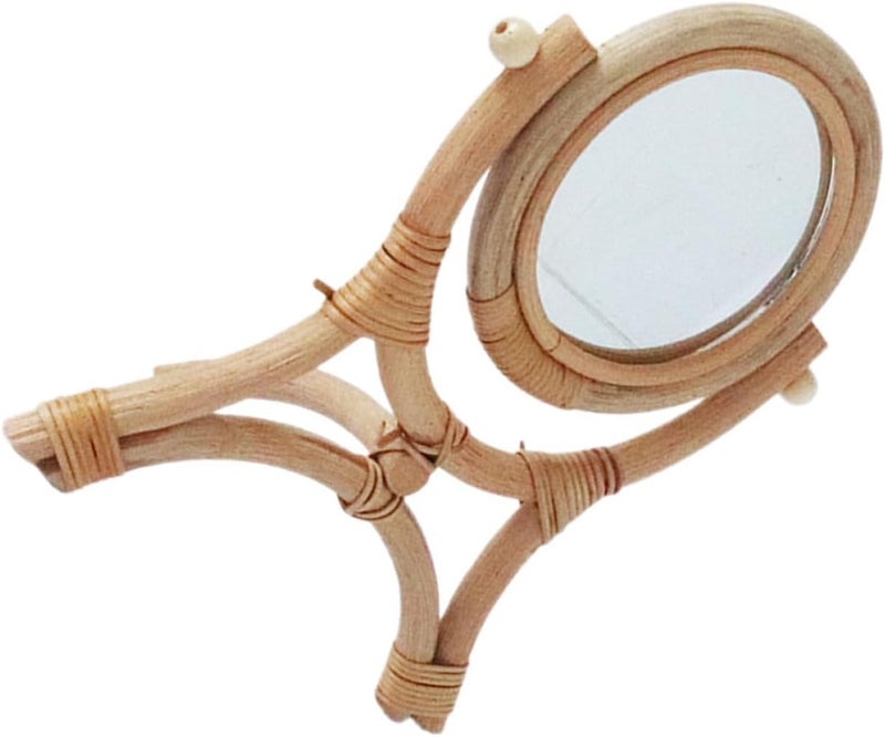 Uonlytech Rattan Makeup Mirror Tabletop Vanity Mirror Round Tripod Stand for Bedroom Desk Use - Image 1