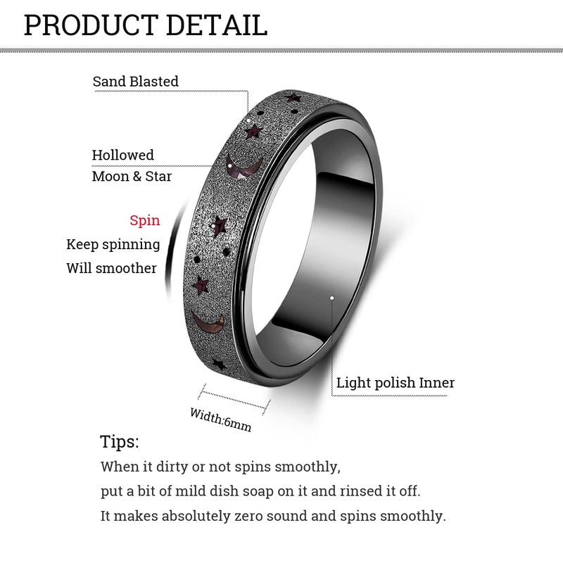 OreilleStar Anxiety Ring for Women Spinner Ring Fidget Ring Fidget Toys Adults Stainless Steel Spinner Rings Fidget Rings for Women Anxiety Fidget Ring Men (Moon Star-Black, 9) - Image 5