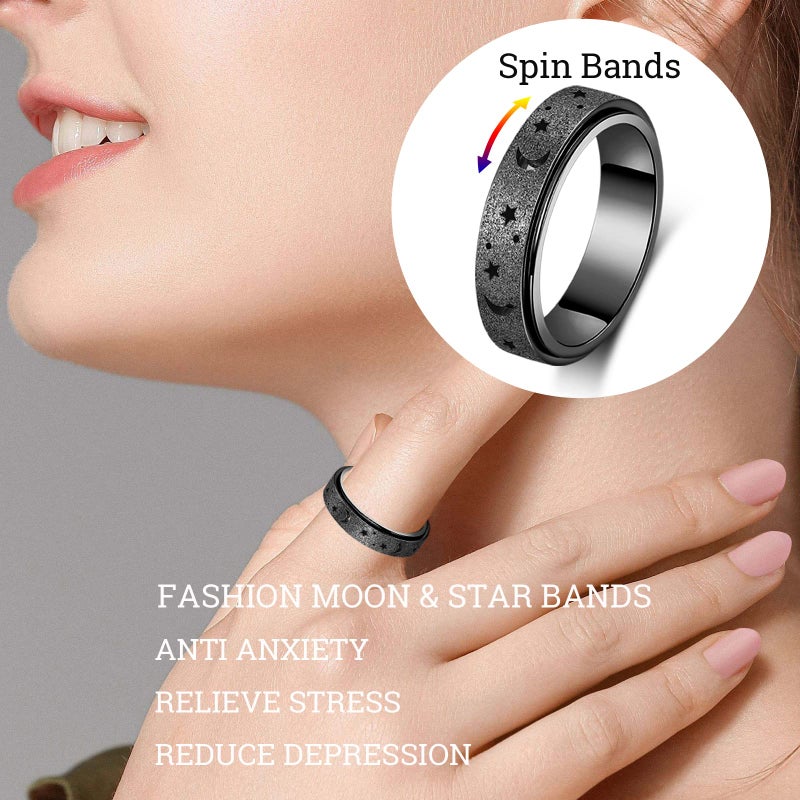OreilleStar Anxiety Ring for Women Spinner Ring Fidget Ring Fidget Toys Adults Stainless Steel Spinner Rings Fidget Rings for Women Anxiety Fidget Ring Men (Moon Star-Black, 9) - Image 3