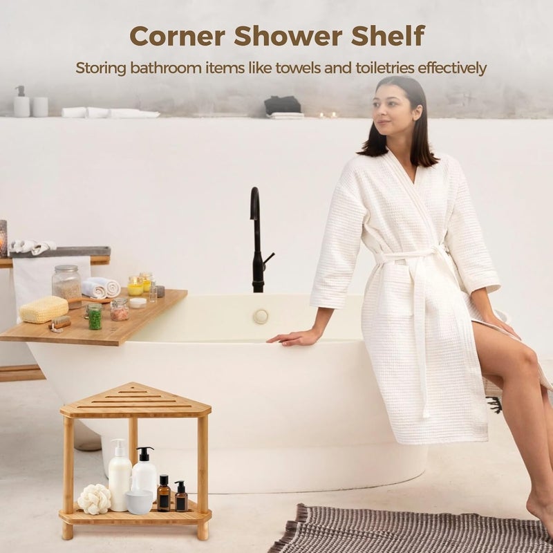 14.57 X 9.25 X 12 in Wood Shower Stool, 2-Tier Corner Shelf, for Shaving Legs, Anti-Slip, Waterproof - Image 5