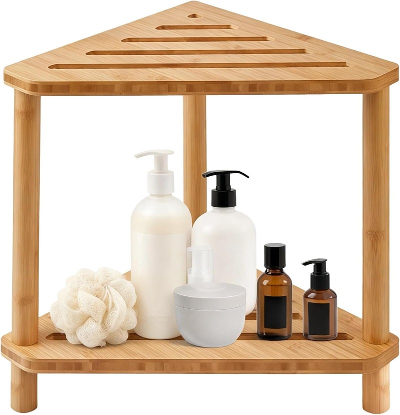 14.57 X 9.25 X 12 in Wood Shower Stool, 2-Tier Corner Shelf, for Shaving Legs, Anti-Slip, Waterproof - Image 1