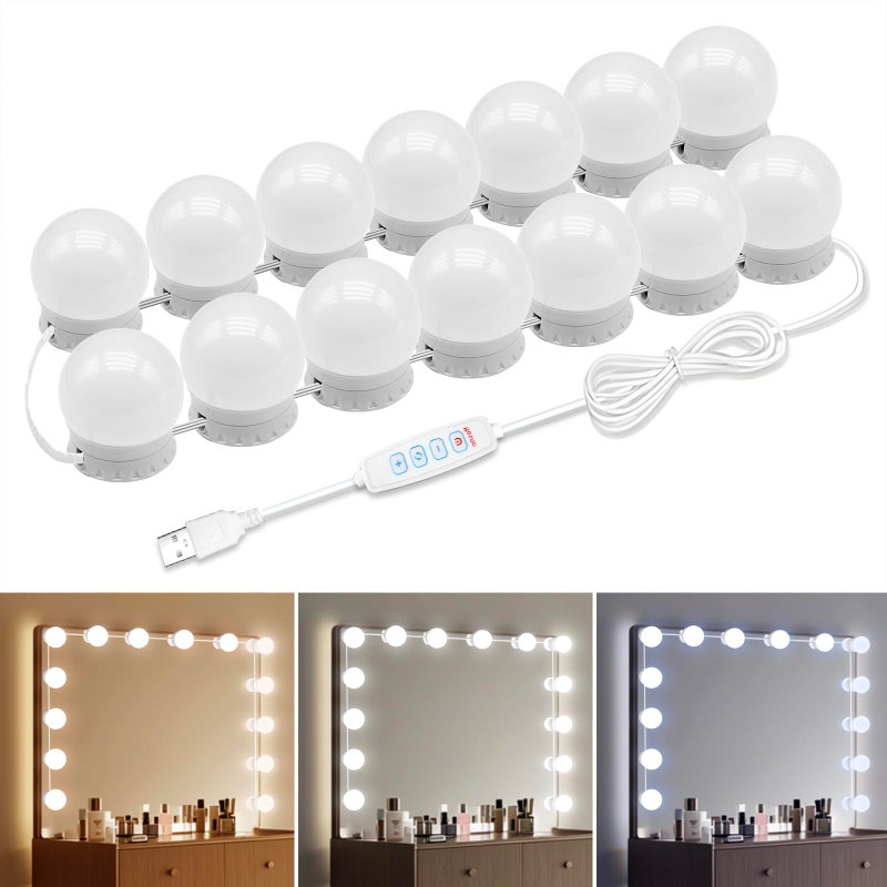 NEWKAZ LED Vanity Mirror Lights with 14 Dimmable Bulbs, 3000K 4500K 6500K & 10 Brightness Levels Adjustable, Plug in USB Cable, Hollywood Style Stick On Mirror Lights for Makeup Desk Bathroom Dressing Room - Image 1