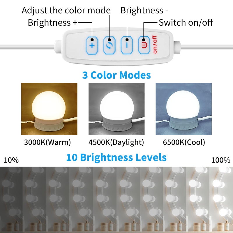 NEWKAZ LED Vanity Mirror Lights with 14 Dimmable Bulbs, 3000K 4500K 6500K & 10 Brightness Levels Adjustable, Plug in USB Cable, Hollywood Style Stick On Mirror Lights for Makeup Desk Bathroom Dressing Room - Image 2