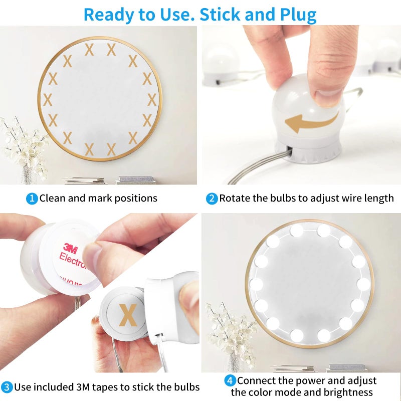 NEWKAZ LED Vanity Mirror Lights with 14 Dimmable Bulbs, 3000K 4500K 6500K & 10 Brightness Levels Adjustable, Plug in USB Cable, Hollywood Style Stick On Mirror Lights for Makeup Desk Bathroom Dressing Room - Image 5