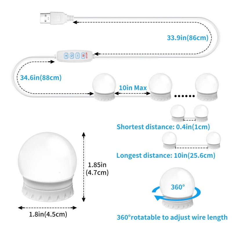 NEWKAZ LED Vanity Mirror Lights with 14 Dimmable Bulbs, 3000K 4500K 6500K & 10 Brightness Levels Adjustable, Plug in USB Cable, Hollywood Style Stick On Mirror Lights for Makeup Desk Bathroom Dressing Room - Image 3