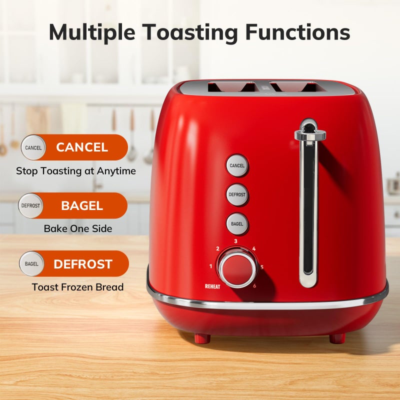 keenstone 2 Slice Stainless Steel Toaster Retro with 6 Bread Shade Settings, Bagel, Cancel, Defrost Function, Extra Wide Slot, Removable Crumb Tray, Red - Image 2