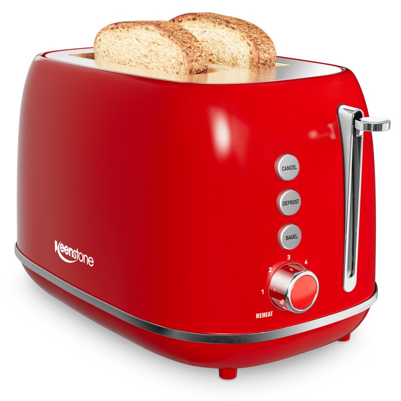 keenstone 2 Slice Stainless Steel Toaster Retro with 6 Bread Shade Settings, Bagel, Cancel, Defrost Function, Extra Wide Slot, Removable Crumb Tray, Red - Image 1