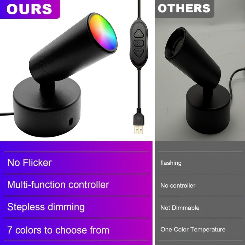 أسود USB RGB سبوت لايت قطعتان، سبعة ألوان ديناميكية، مصباح ديكور منزلي - Image 5