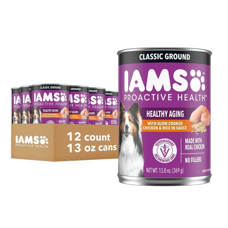 IAMS Proactive Health Healthy Aging Wet Dog Food Classic Ground with Slow Cooked Chicken and Rice, 13 oz. Cans (12 Count, Pack of 1) - Image 1