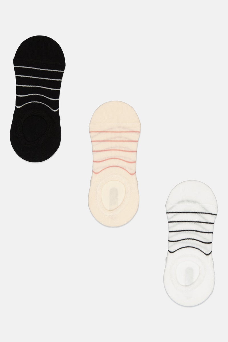 RBX Women 3 Pairs Round Invisible Plain Socks, White/Black/Cream  - Image 1