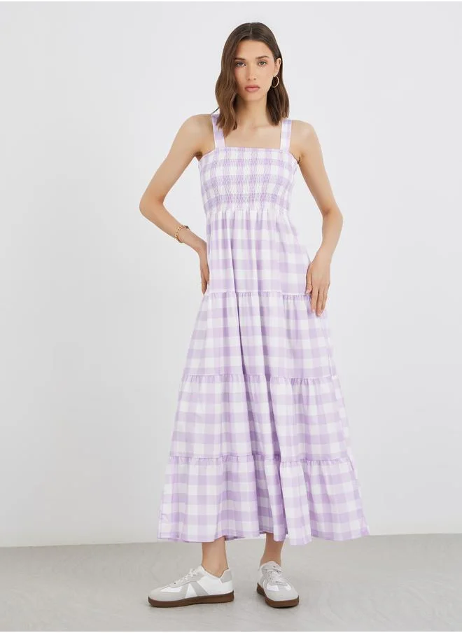 Take Two Take Two Checked Print Square Neck Strappy Tiered Midi Dress