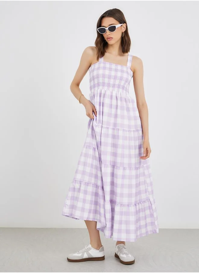Take Two Take Two Checked Print Square Neck Strappy Tiered Midi Dress