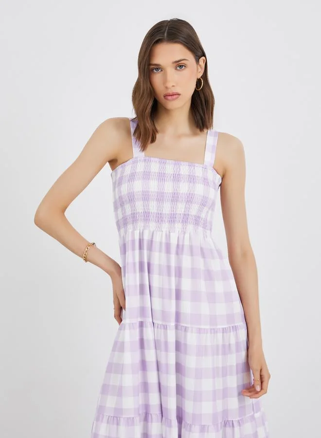 Take Two Take Two Checked Print Square Neck Strappy Tiered Midi Dress