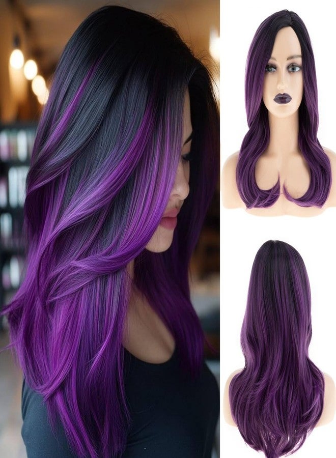 Wiwige Long Ombre Black Purple Wig for Women Side Part Synthetic Heat Resistant Layered Wig for Daily Party Costume Halloween - Image 1