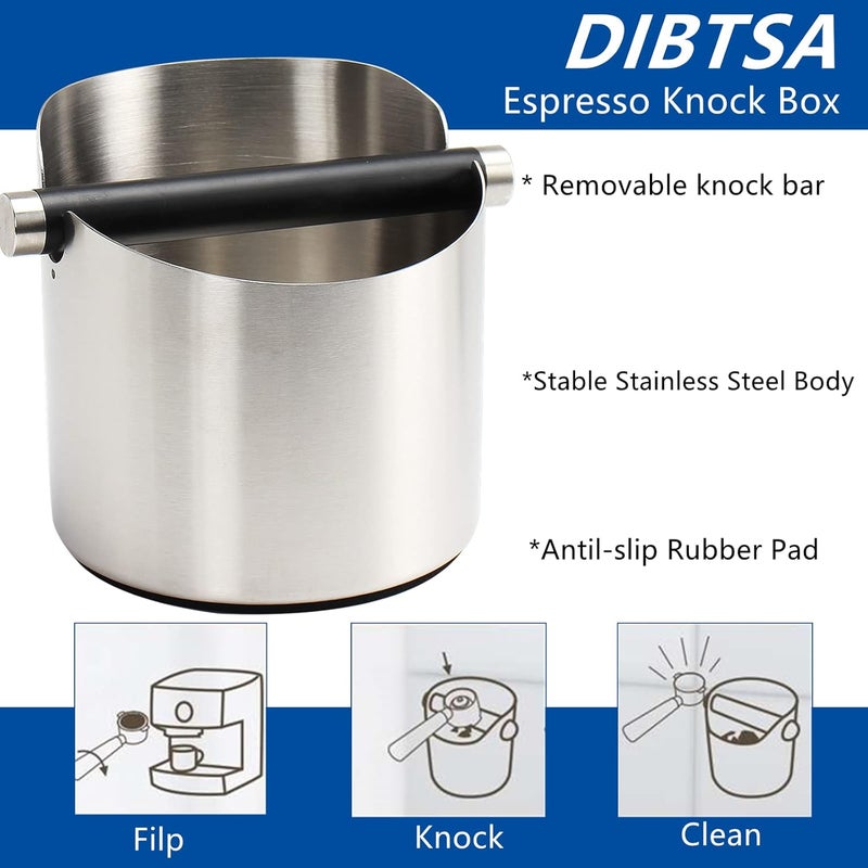 DIBTSA Coffee Knock Box, Espresso Knock Box Stainless Steel Espresso Machine Accessories with Removable Knock Bar and Non-Slip Base Coffee Grounds Container Bin, Large (Silver) - Image 2