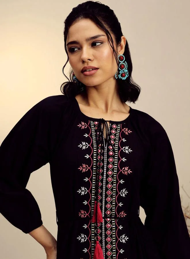 Sassafras  Black Embroidered Neck Dori Midi Dress for Women | Best Price UAE