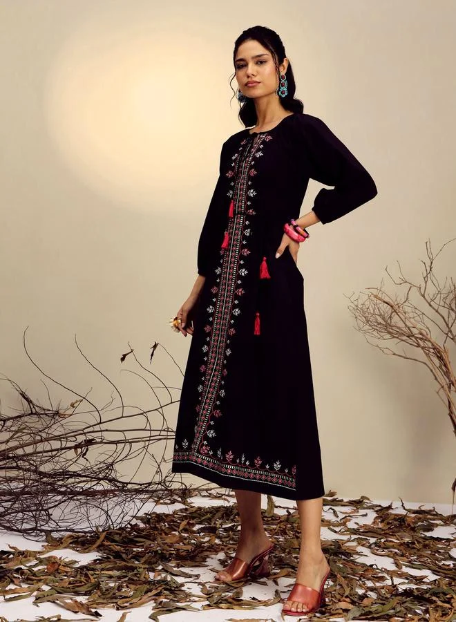 Sassafras  Black Embroidered Neck Dori Midi Dress for Women | Best Price UAE