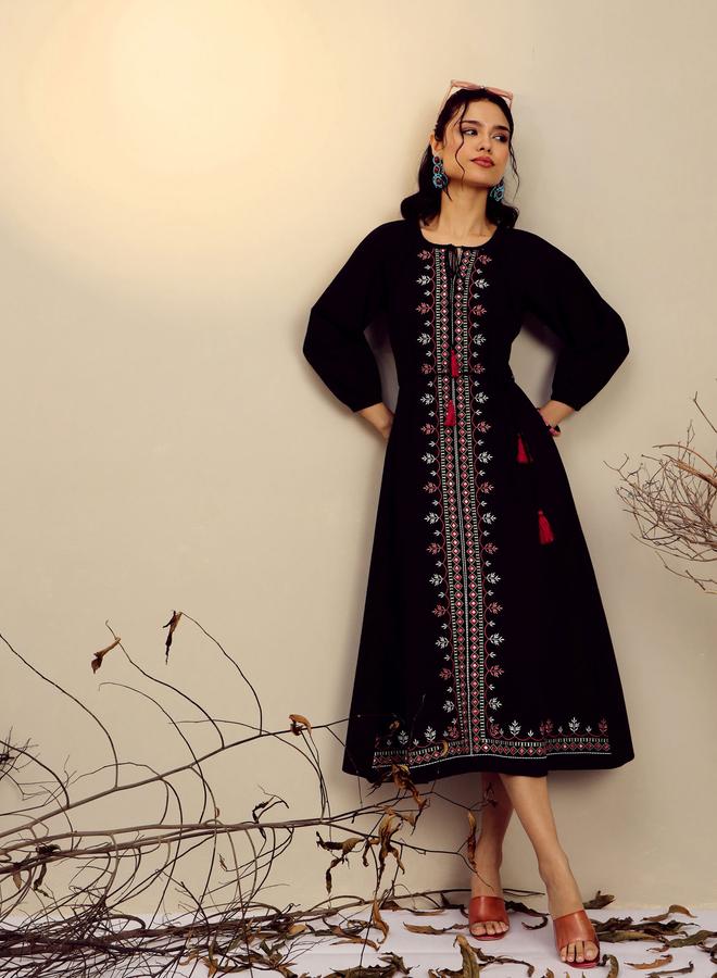 SASSAFRAS Black Embroidered Neck Dori Midi Dress - Image 2