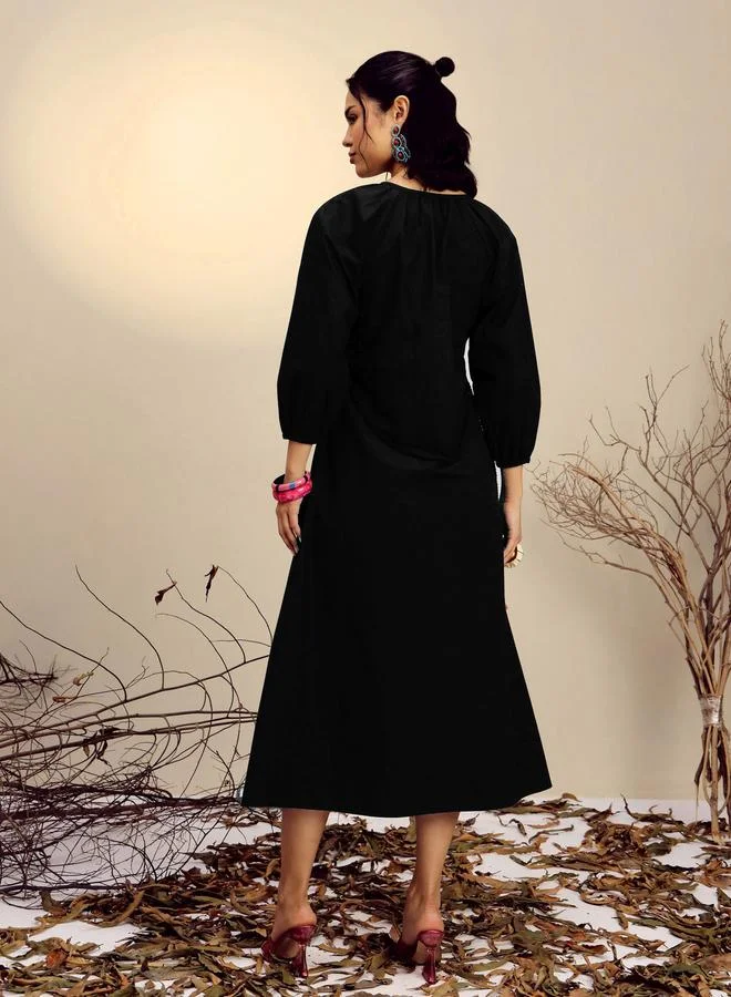 Sassafras  Black Embroidered Neck Dori Midi Dress for Women | Best Price UAE