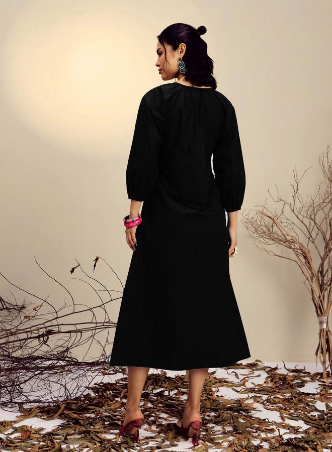 SASSAFRAS Black Embroidered Neck Dori Midi Dress - Image 5