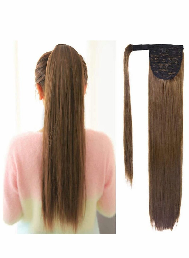 Excefore Long Straight Pony Tail Hair Clip in Ponytail Extension Wrap Around 24 Inch Synthetic Fiber (Light Chocolate Brown) - Image 1