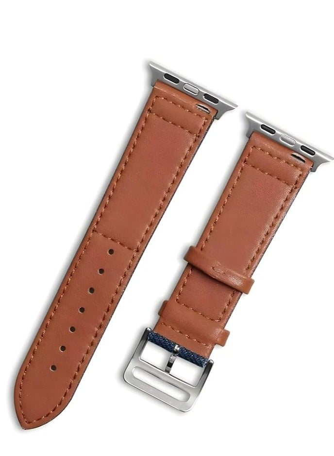 Watch Bands Compatible For IWatch Strap 42mm 44mm 45mm 49mm Smart Watch Brown Handmade Leather & Jeans Wrist Strap - Image 1