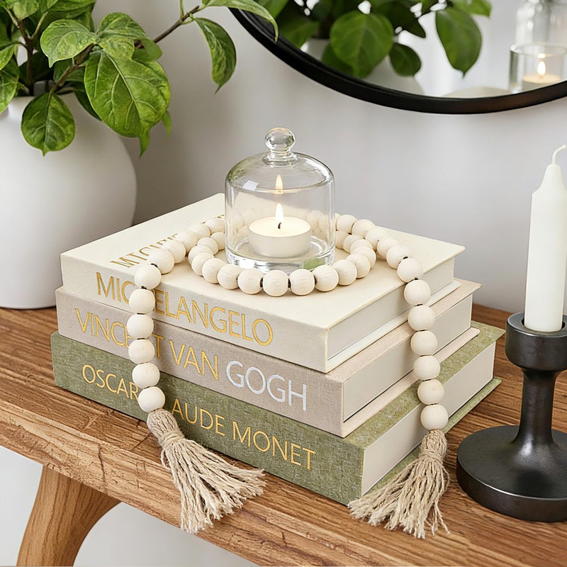 GYOSUGANG Aesthetic Decorative Books for Home Decor w. Wood Bead - Set of 3 Linen Fake Books for Decoration, Coffee Table Book Box Decor for Mantle/Bookshelf/Farmhouse/Entryway/Nightstand - Image 1