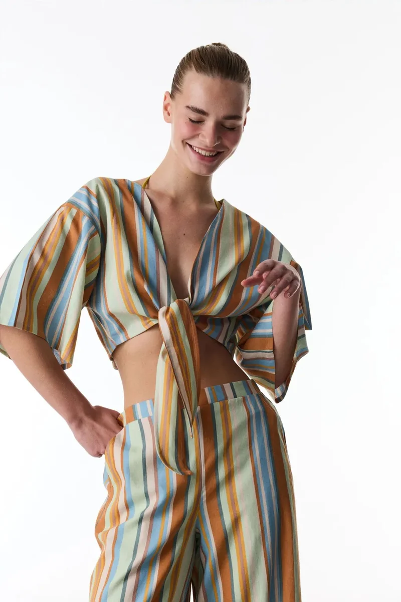 بنتي PENTI Carrie Striped Linen Short Sleeve Top