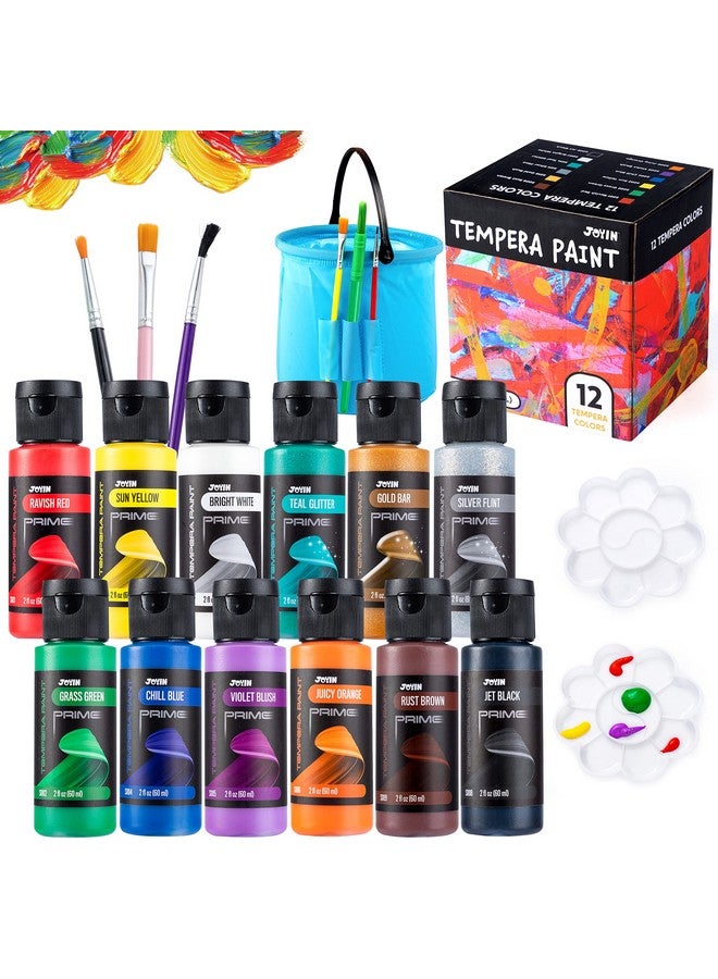 JOYIN 12PC Washable Kids Tempera Paint Set (2 oz Each), Liquid Poster Paint with 6 Brushes, 2 Palette & 1 Clean Bucket, Non-Toxic for Finger Painting, Hobby Painters - Image 1