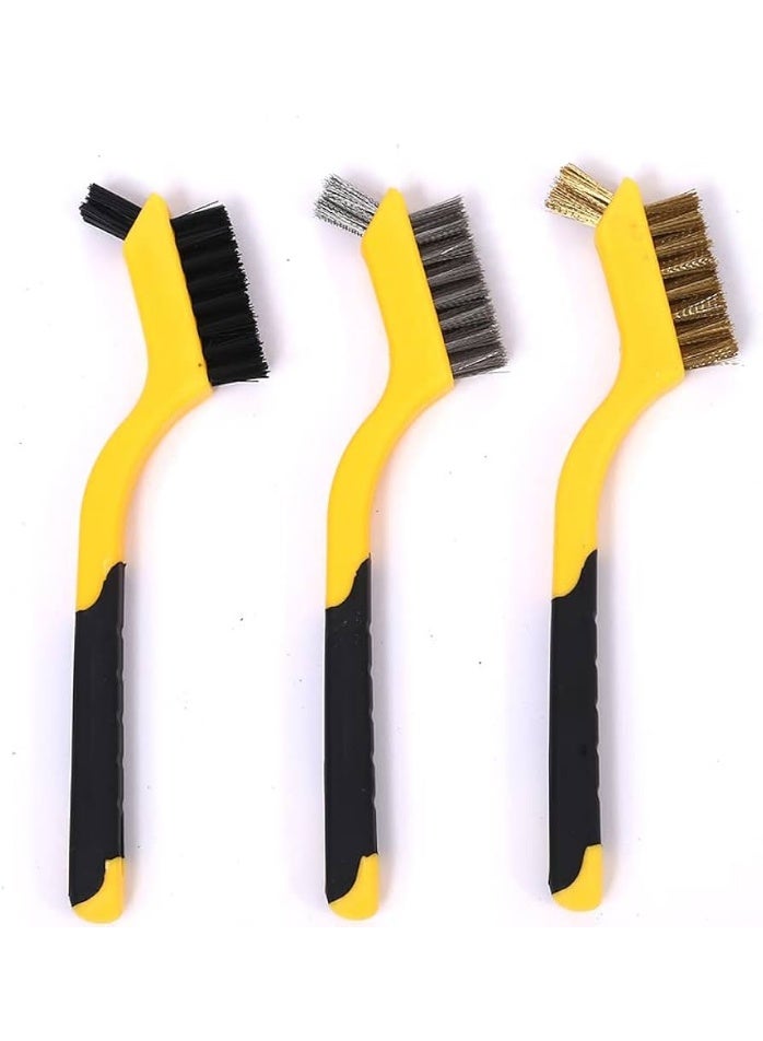 PROMASS 3-Piece Multi-Purpose Wire Brush Set (Brass, Stainless Steel, Nylon) - 180mm with Soft Grip Handle