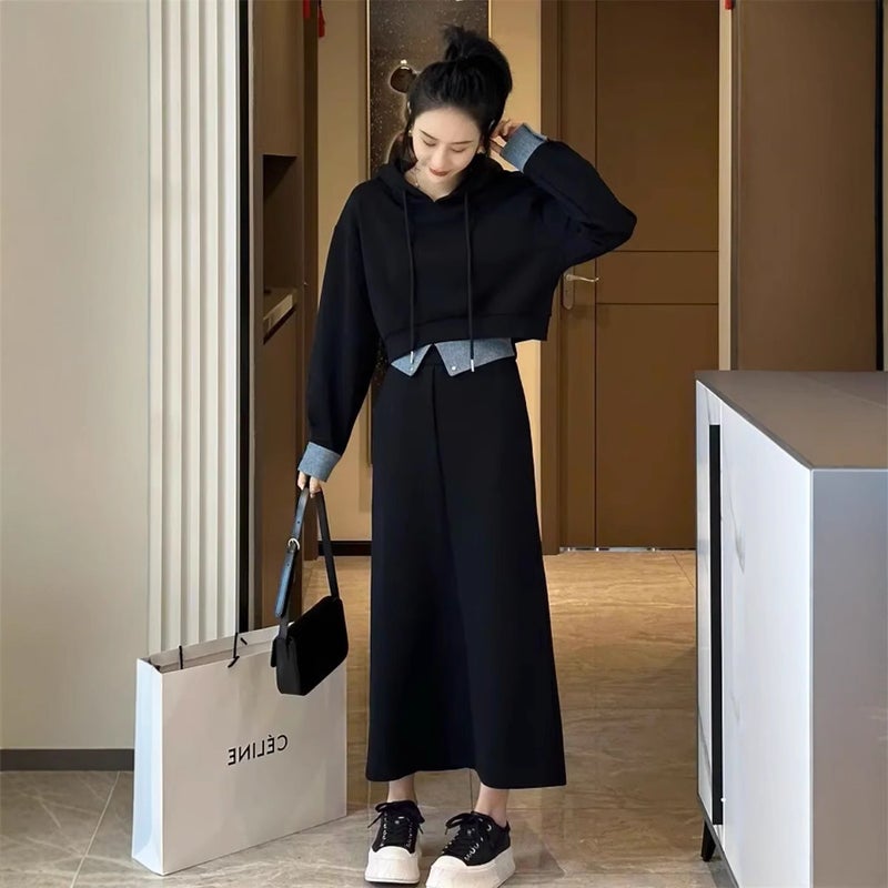 Cross-border factory foreign trade plus size womens autumn hooded sweater suit skirt fashion two-piece western style contrast color Black Sweat Skirt