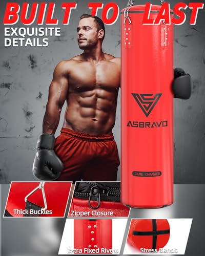 ASBRAVO Punching Bag for Adults, 4ft PU Heavy Boxing Bag Set 12OZ Gloves for MMA Muay Thai Kickboxing Training Home Gym, Martial Art (Unfilled)-Red - Image 2
